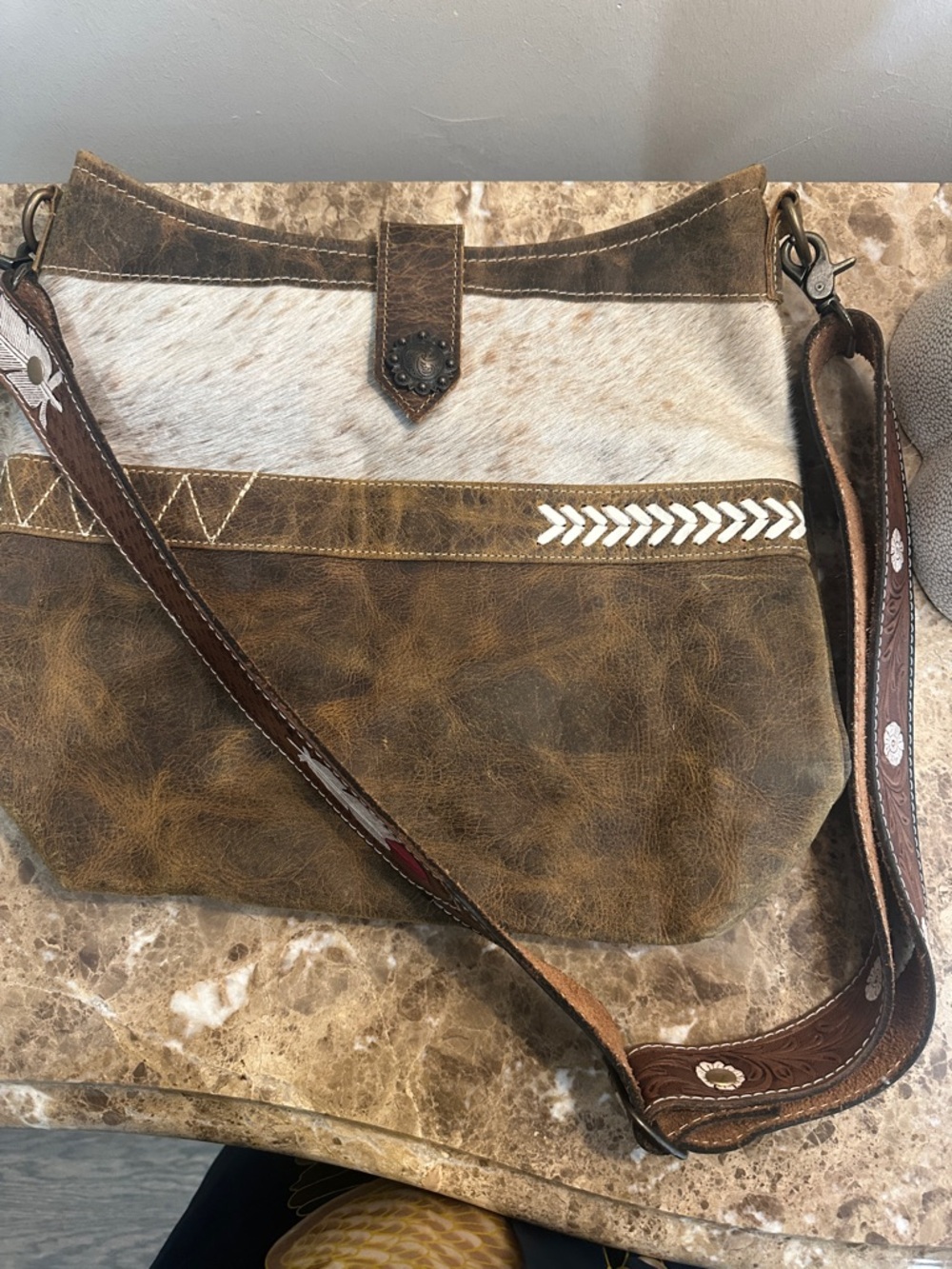 Myra Bag Brown and White Leather Messenger with Tooled Strap